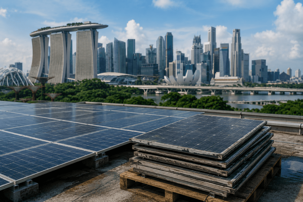 Solar panel recycling in Singapore showing rooftop solar panels and end-of-life solar panels awaiting assessment and recycling.