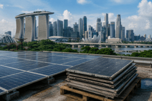 Solar panel recycling in Singapore showing rooftop solar panels and end-of-life solar panels awaiting assessment and recycling.