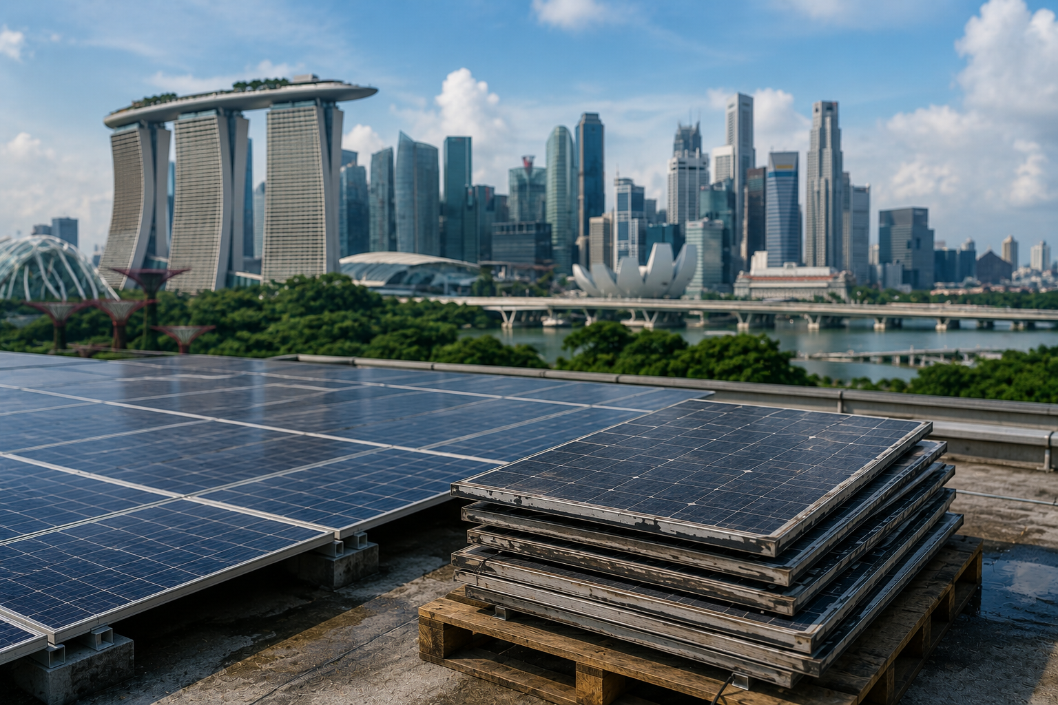 Solar panel recycling in Singapore showing rooftop solar panels and end-of-life solar panels awaiting assessment and recycling.