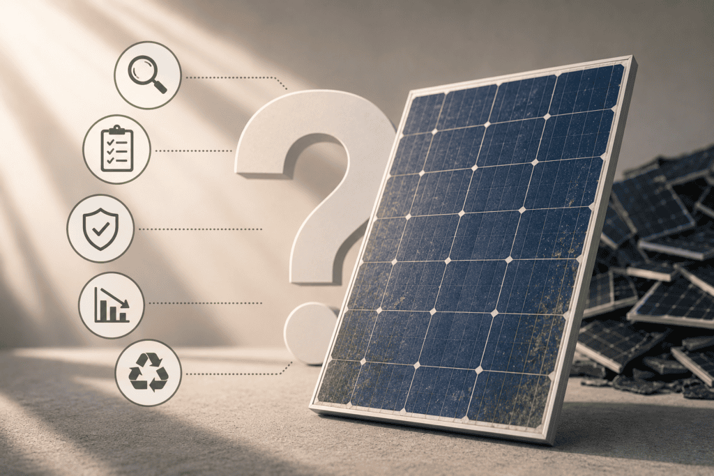 Conceptual illustration showing a solar panel, inspection checklist, safety, performance and recycling symbols to represent how to evaluate a solar panel before deciding to recycle it