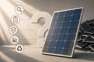 Conceptual illustration showing a solar panel, inspection checklist, safety, performance and recycling symbols to represent how to evaluate a solar panel before deciding to recycle it