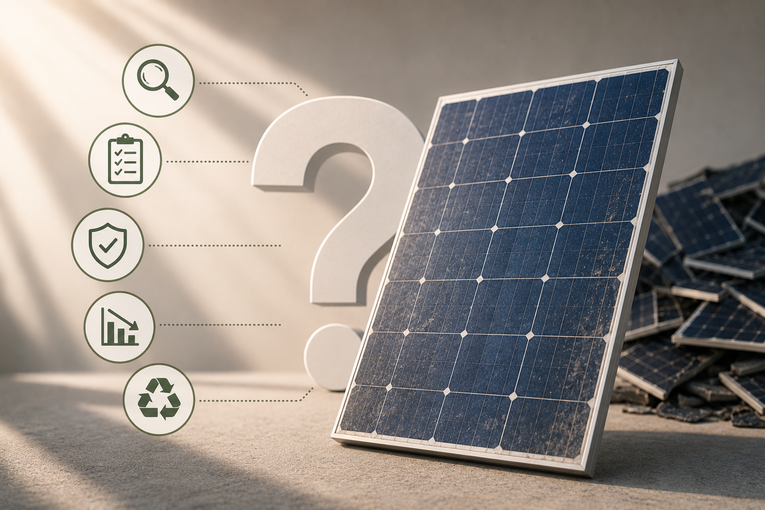 Conceptual illustration showing a solar panel, inspection checklist, safety, performance and recycling symbols to represent how to evaluate a solar panel before deciding to recycle it