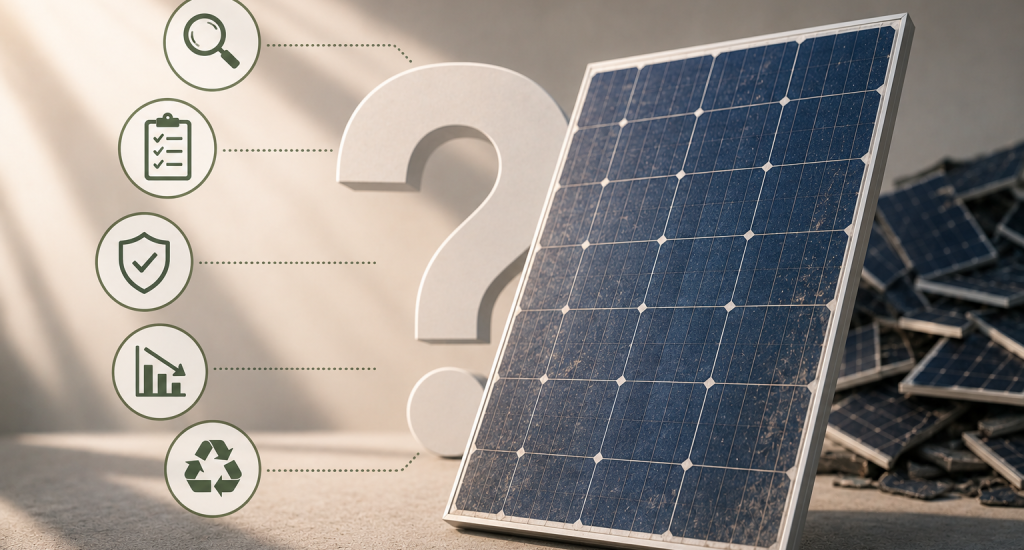 Conceptual illustration showing a solar panel, inspection checklist, safety, performance and recycling symbols to represent how to evaluate a solar panel before deciding to recycle it