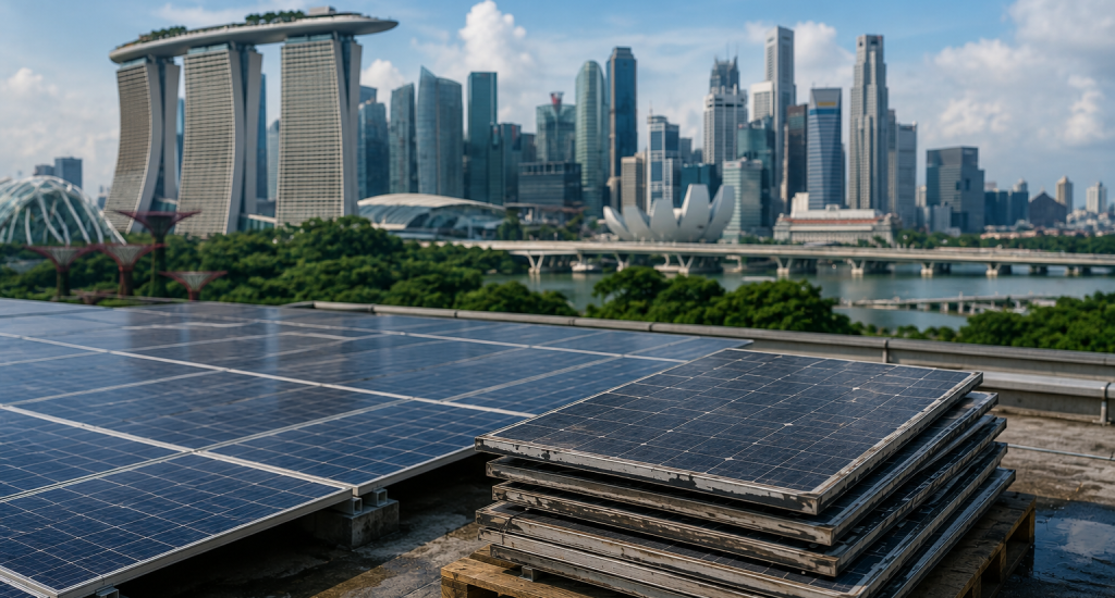 Solar panel recycling in Singapore showing rooftop solar panels and end-of-life solar panels awaiting assessment and recycling.